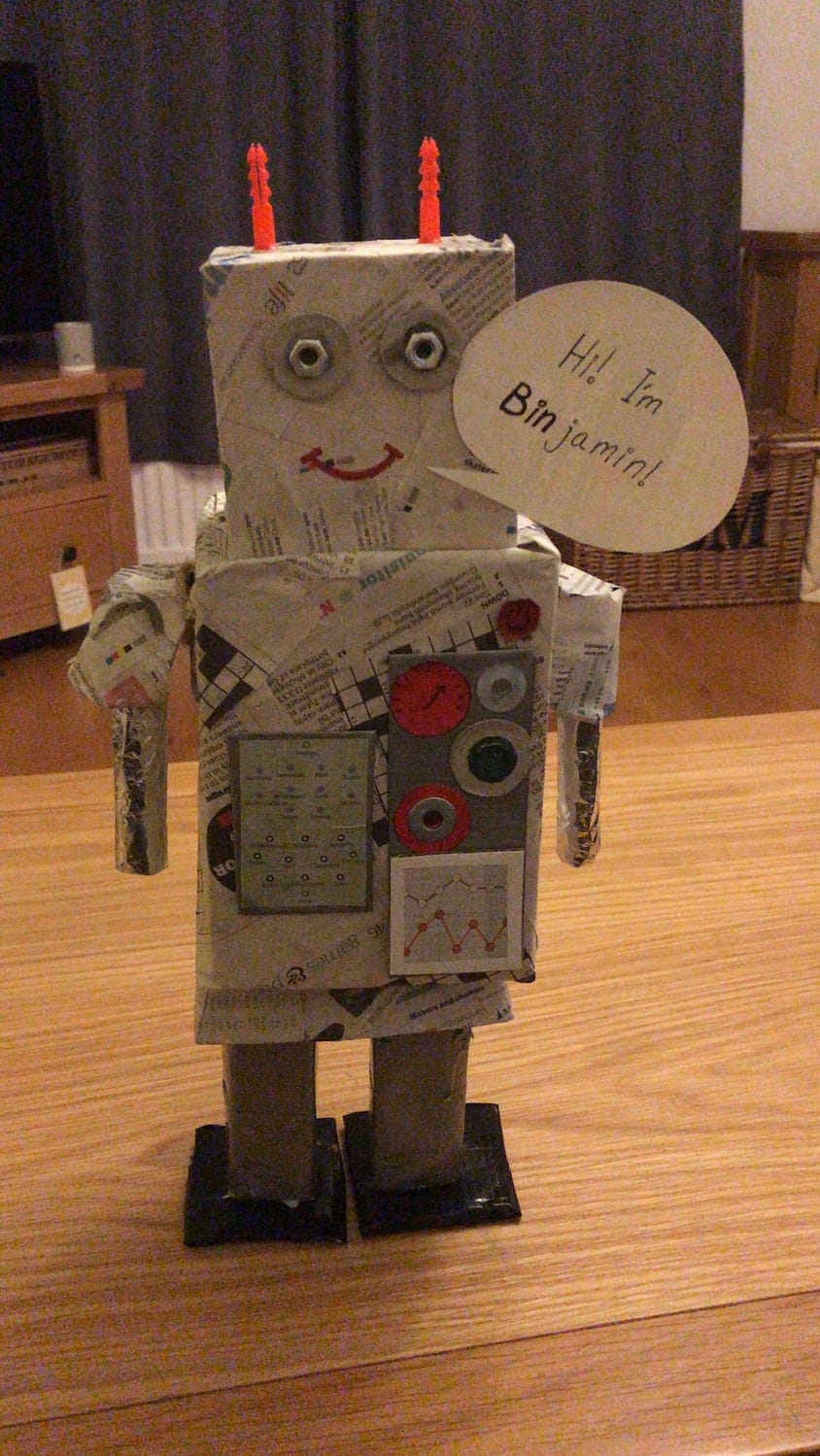 A robot made from recycled items found around the house